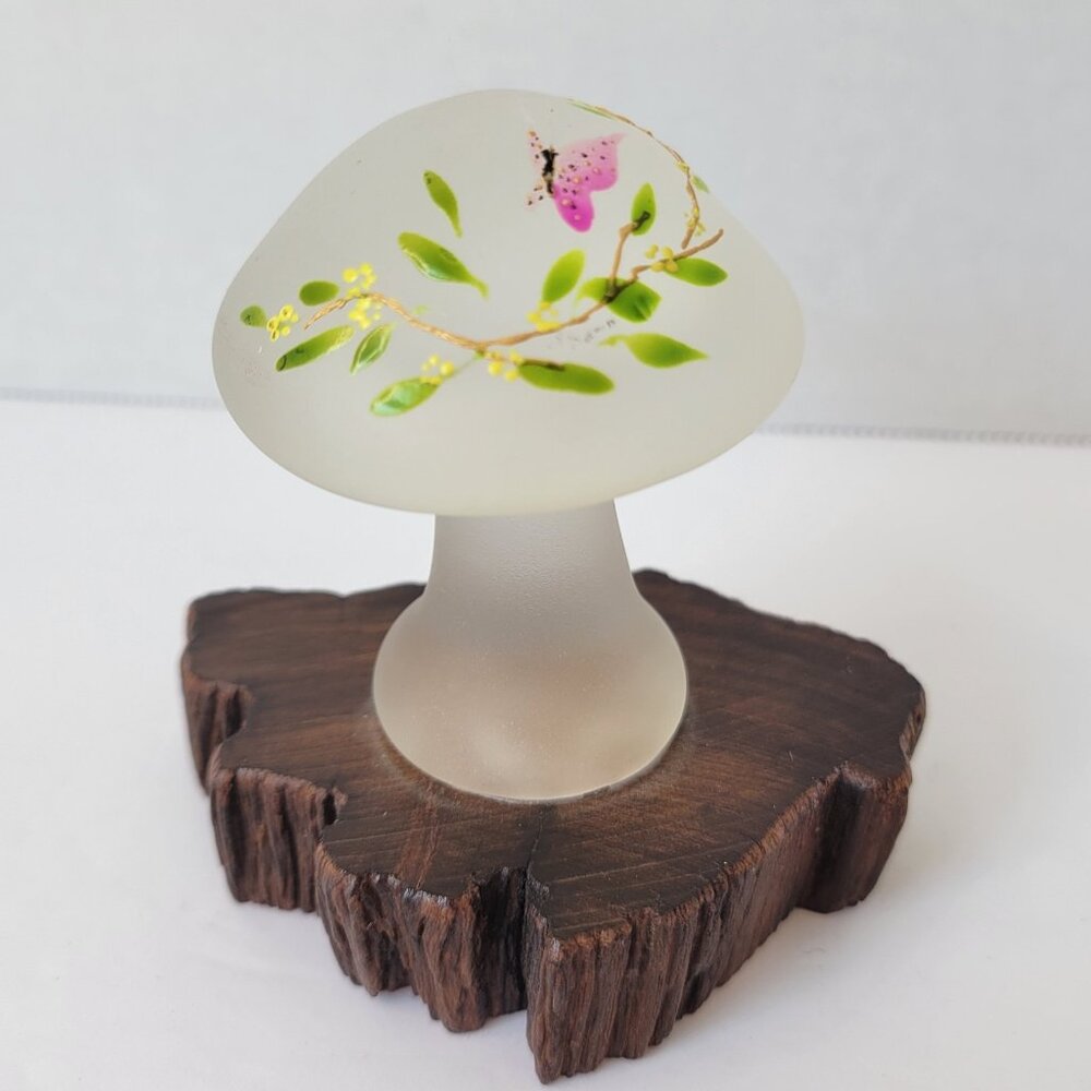 Vtg Hand Painted Satin Glass Mushroom Butterfly Flowers Frosted Glass Signed EUC